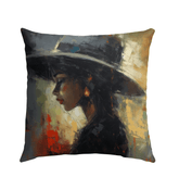 Vibrant Funkadelic Canvases Outdoor Pillow on garden bench.